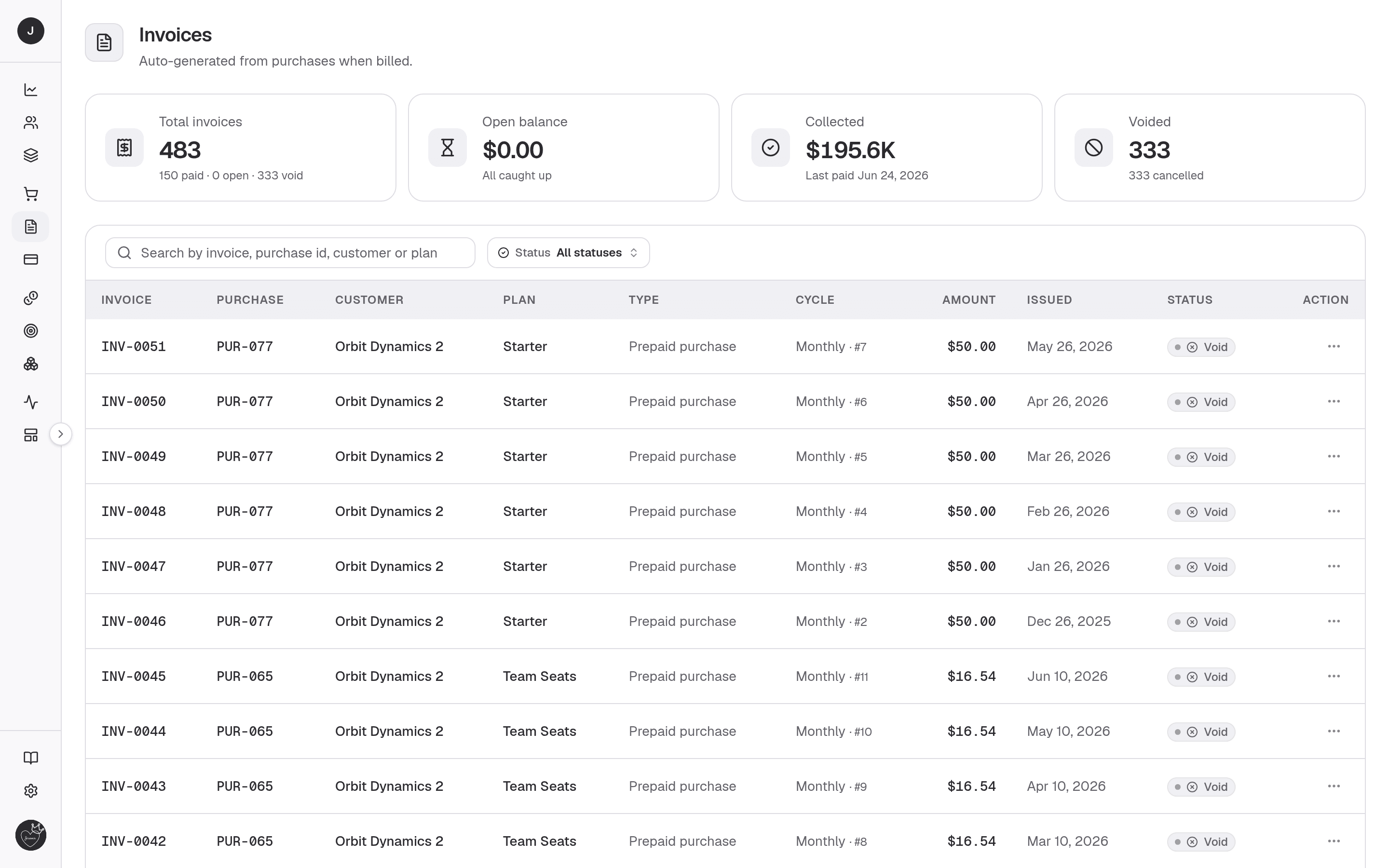 Invoices — the Invoices table beneath its stat cards, one row per Invoice raised from a Purchase with its amount, cycle and Open/Paid/Void status. (Authenticated screen — sign in at payments.clocknext.com to view.)