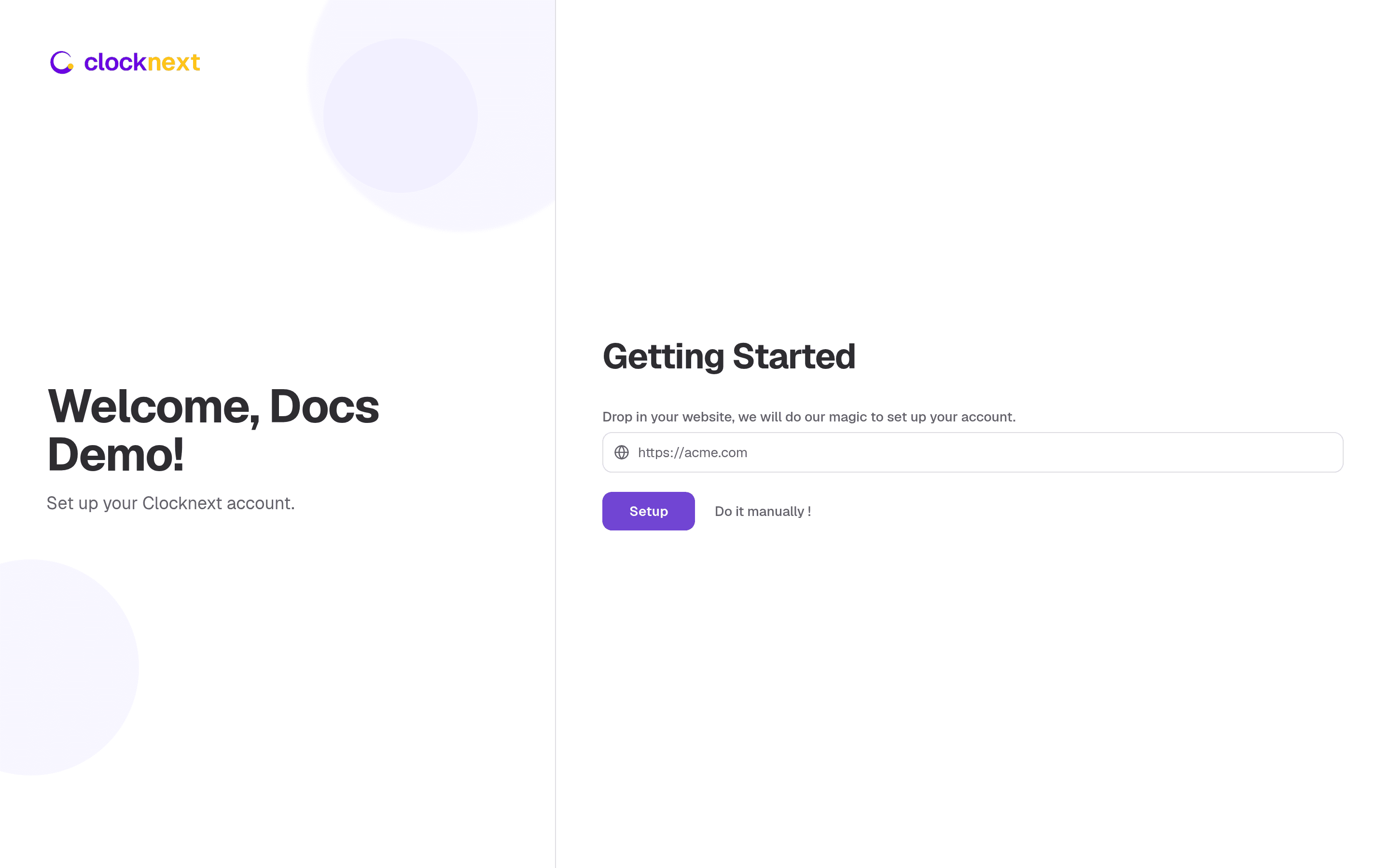Onboarding — the first-run wizard: a welcome panel on the left, and Step 1's Organisation setup on the right.