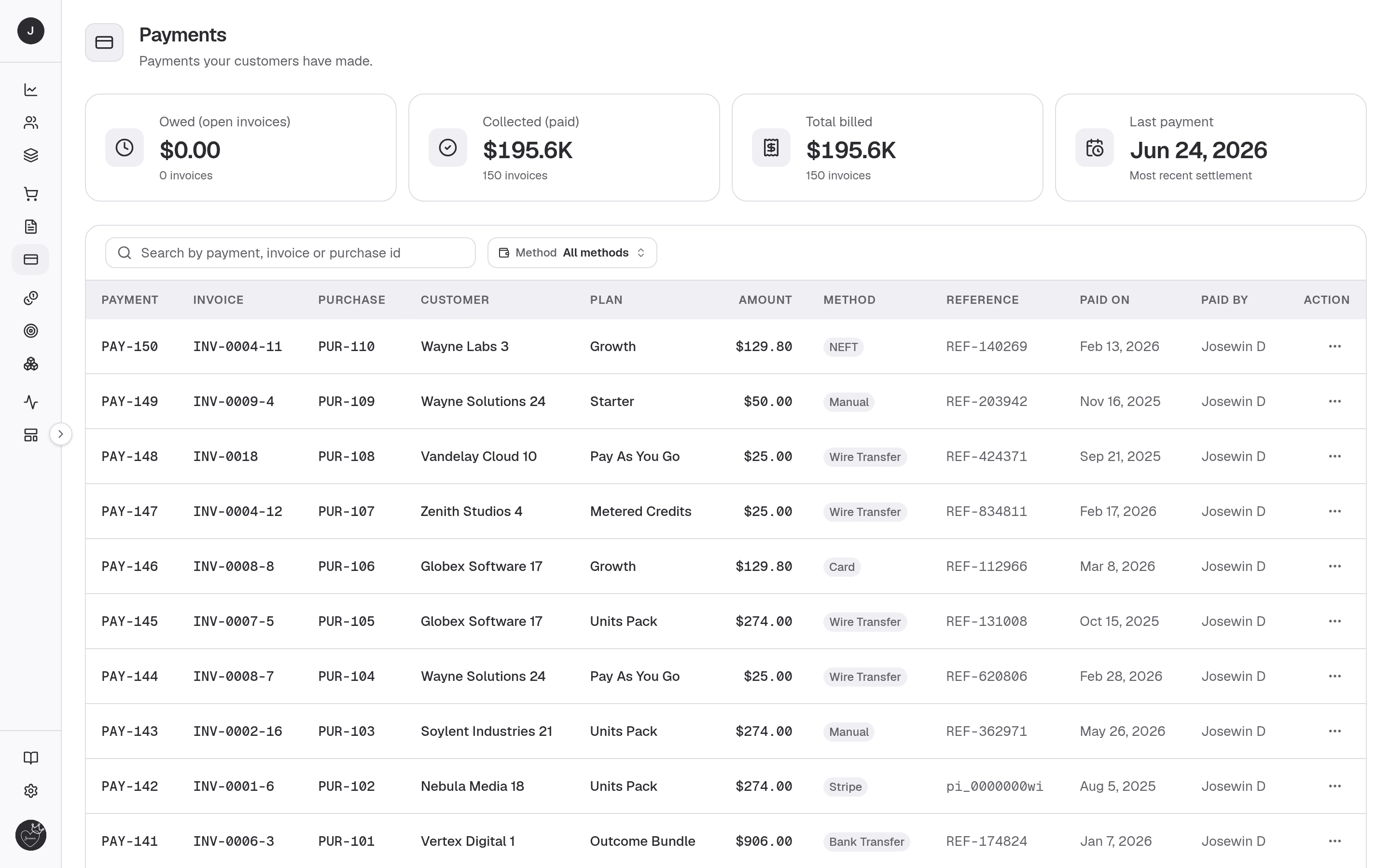 Payments — the settled-payment history table beneath its stat cards, merging operator-recorded and customer-portal Payments newest first, each showing the Invoice it reconciled. (Authenticated screen — sign in at payments.clocknext.com to view.)