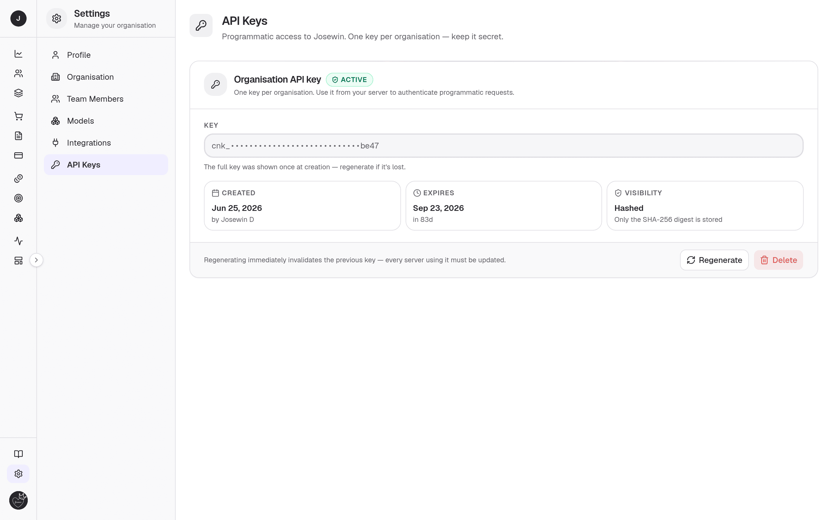 API keys — create and reveal a key (shown once).