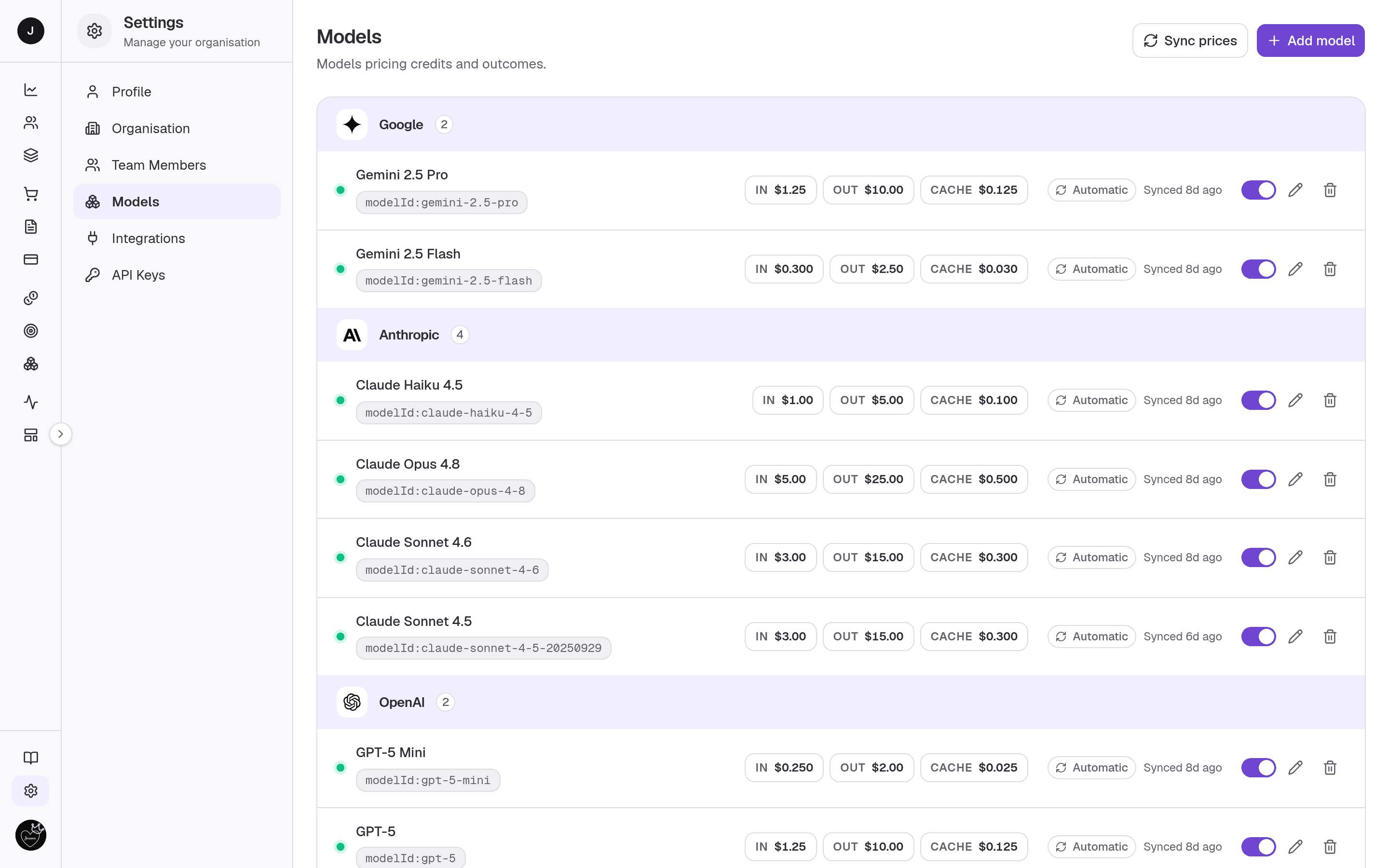 Models settings — the model catalog with per-model pricing.