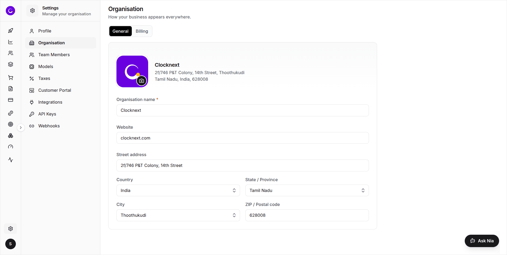 Organisation settings — the General tab: the logo with the organisation's name and address, then the name, website and address fields. (Authenticated screen — sign in at payments.clocknext.com to view.)