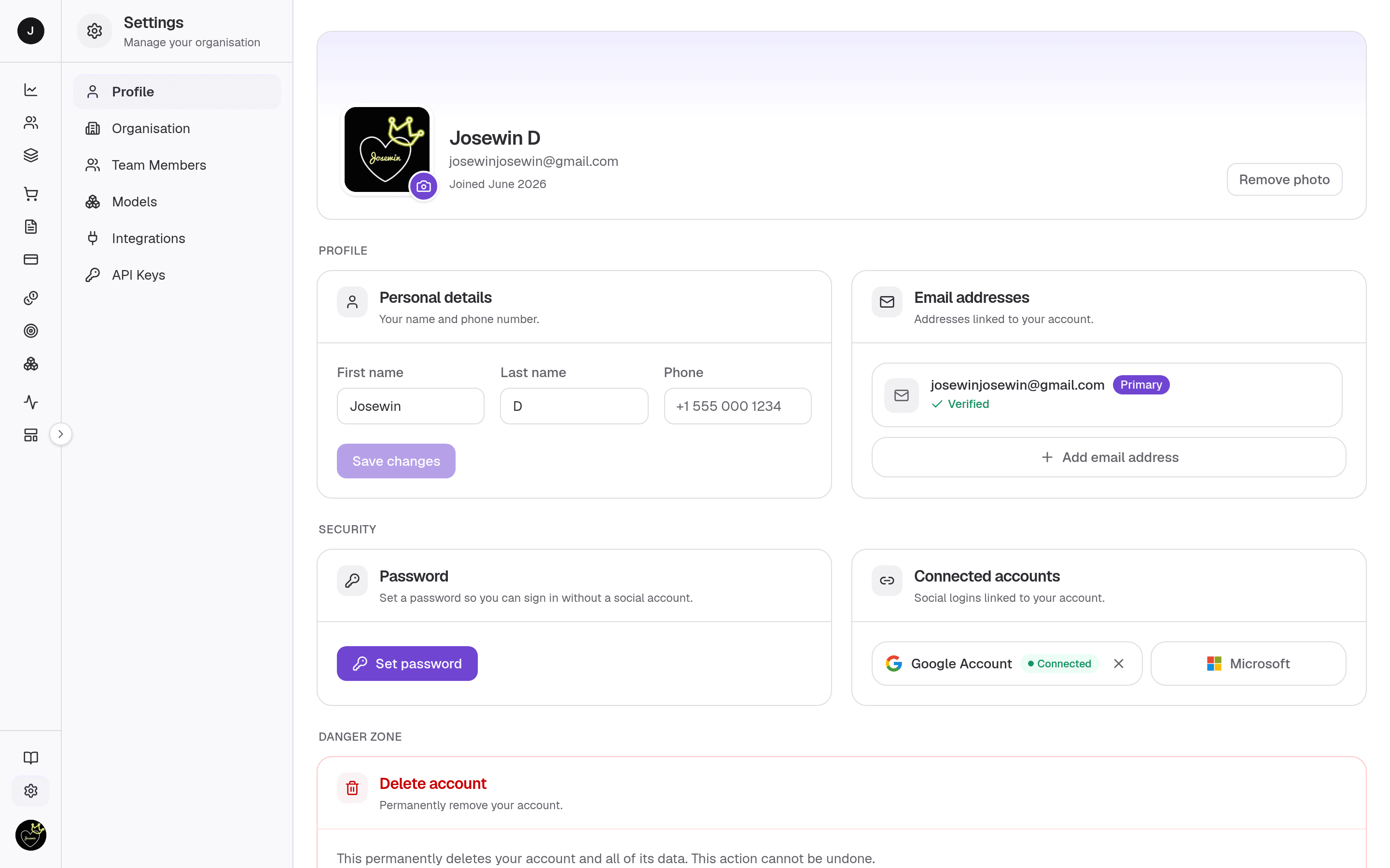 Profile settings — the identity hero above the Profile, Security, and Danger zone groups. (Authenticated screen — sign in at payments.clocknext.com to view.)